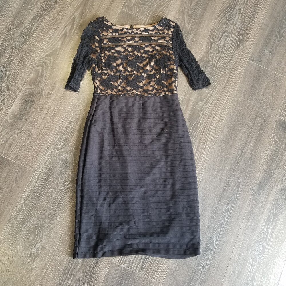 Dressbarn Lace Sleeve Knee Length Bodycon Dress w/ Back Zipper Black/Cream 6